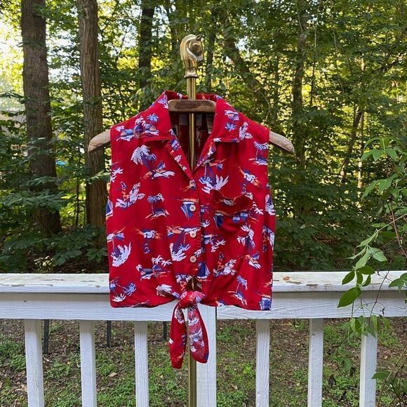 Vintage 90s Liz Claiborne Red Hawaiian Tie Waist Crop Blouse - Picture 1 of 6